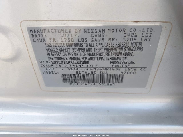 45220611 :رقم المزاد ، 3N1CN7APXJL831869 vin ، 2018 Nissan Versa 1.6 Sv مزاد بيع