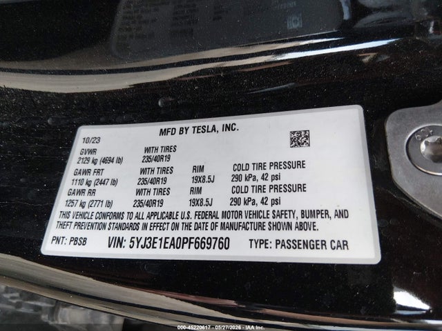 2023 Tesla Model 3 Rear-wheel Drive მანქანა იყიდება აუქციონზე, vin: 5YJ3E1EA0PF669760, აუქციონის ნომერი: 45220617