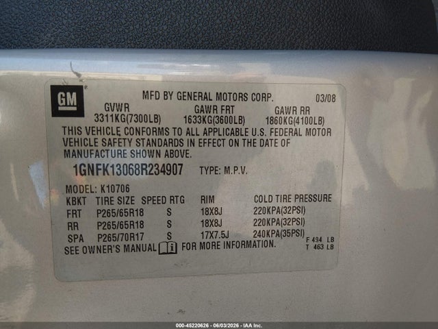 Продаж на аукціоні авто 2008 Chevrolet Tahoe Lt, vin: 1GNFK13068R234907, номер лоту: 45220626