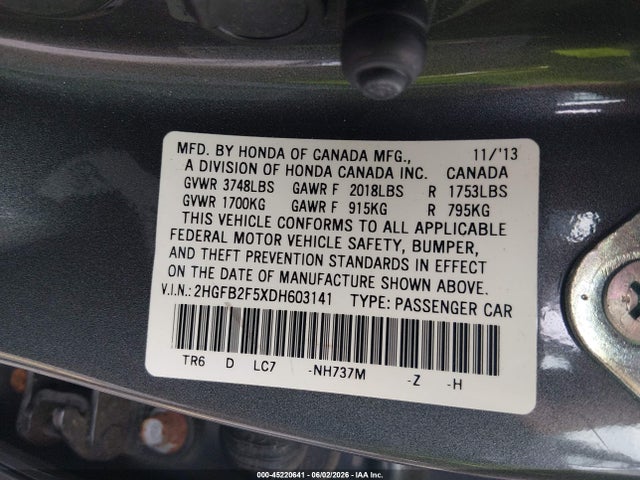 Aukcja sprzedaży 2013 Honda Civic Lx, vin: 2HGFB2F5XDH603141, numer aukcji: 45220641