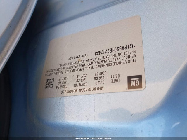 2011 Chevrolet Cruze Eco მანქანა იყიდება აუქციონზე, vin: 1G1PK5S91B7217433, აუქციონის ნომერი: 45220686