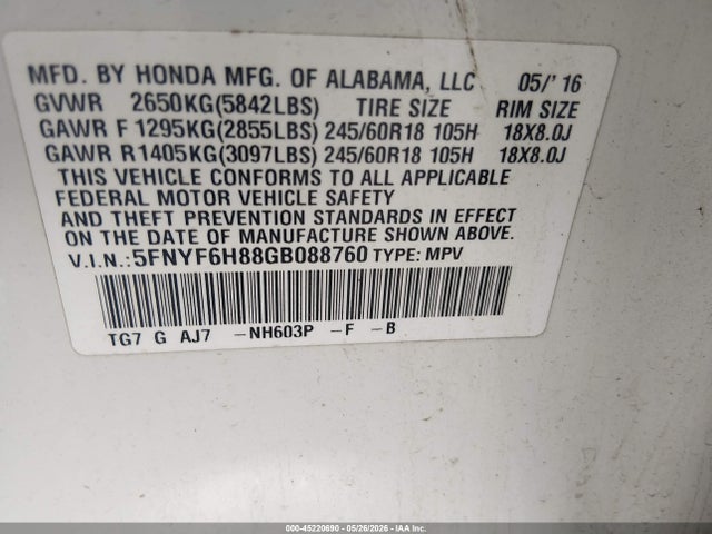 Продаж на аукціоні авто 2016 Honda Pilot Ex-l, vin: 5FNYF6H88GB088760, номер лоту: 45220690