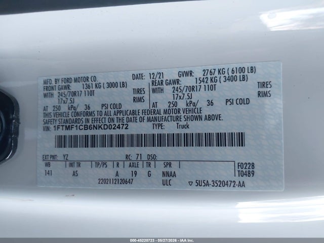 2022 Ford F-150 Xl მანქანა იყიდება აუქციონზე, vin: 1FTMF1CB6NKD02472, აუქციონის ნომერი: 45220723