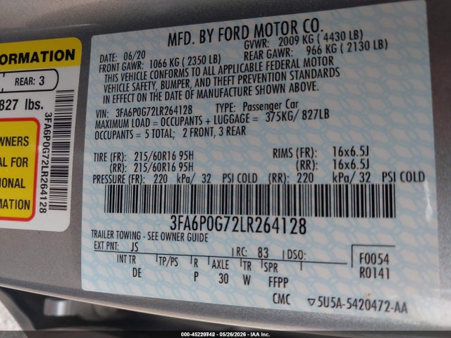 Aukcja sprzedaży 2020 Ford Fusion S, vin: 3FA6P0G72LR264128, numer aukcji: 45220742