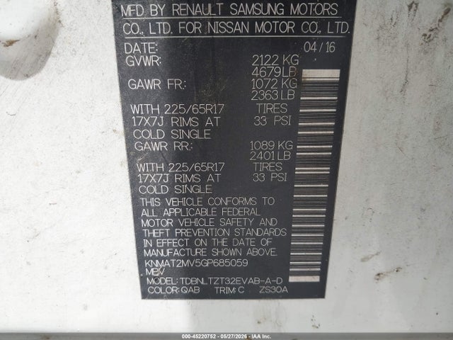 2016 Nissan Rogue Sv მანქანა იყიდება აუქციონზე, vin: KNMAT2MV5GP685059, აუქციონის ნომერი: 45220752