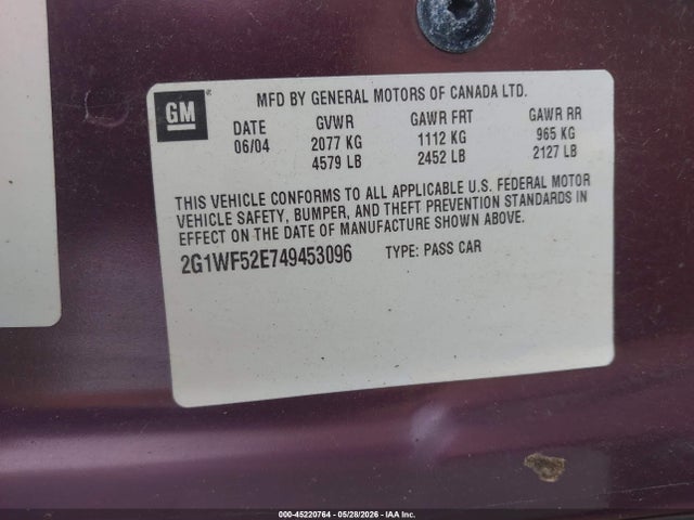 2004 Chevrolet Impala მანქანა იყიდება აუქციონზე, vin: 2G1WF52E749453096, აუქციონის ნომერი: 45220764