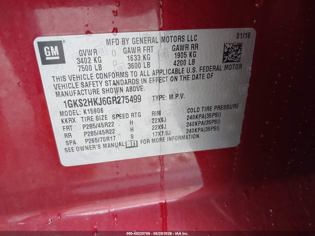 45220766 :رقم المزاد ، 1GKS2HKJ6GR275499 vin ، 2016 Gmc Yukon Xl Denali مزاد بيع
