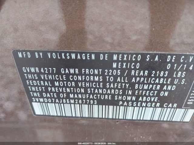 Продажа на аукционе авто 2014 Volkswagen Jetta 1.8t Se, vin: 3VWD07AJ8EM267793, номер лота: 45220773
