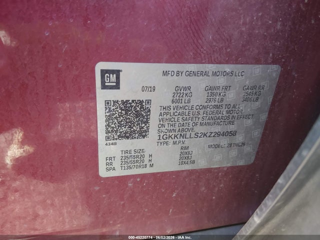 Aukcja sprzedaży 2019 Gmc Acadia Sle-2, vin: 1GKKNLLS2KZ294058, numer aukcji: 45220774
