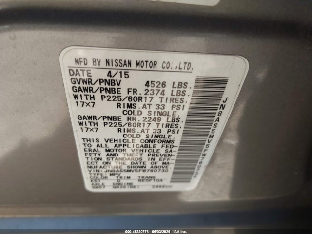 Aukcja sprzedaży 2015 Nissan Rogue Select S, vin: JN8AS5MV5FW760730, numer aukcji: 45220778