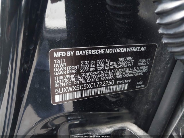 Aukcja sprzedaży 2012 Bmw X3 Xdrive28i, vin: 5UXWX5C5XCL722250, numer aukcji: 45220794