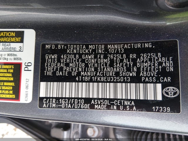 2014 Toyota Camry Le მანქანა იყიდება აუქციონზე, vin: 4T1BF1FK8EU325013, აუქციონის ნომერი: 45220795