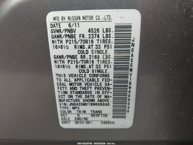 45220798 :رقم المزاد ، JN8AS5MV1BW686846 vin ، 2011 Nissan Rogue S مزاد بيع
