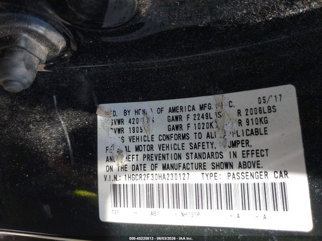 Aukcja sprzedaży 2017 Honda Accord Lx, vin: 1HGCR2F30HA230127, numer aukcji: 45220813