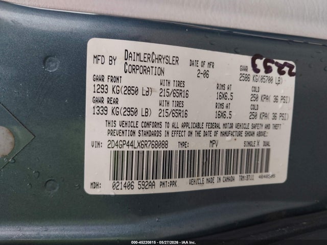 Aukcja sprzedaży 2006 Dodge Grand Caravan Sxt, vin: 2D4GP44LX6R768088, numer aukcji: 45220815