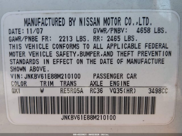 Продаж на аукціоні авто 2008 Infiniti G35 Journey, vin: JNKBV61E88M210100, номер лоту: 45220821