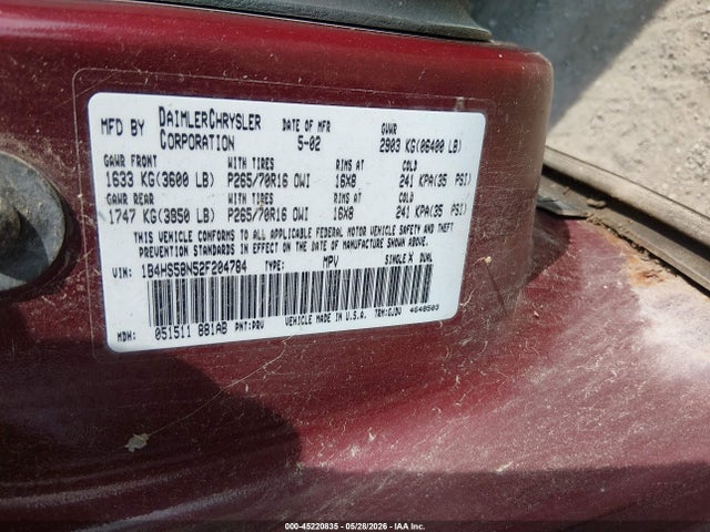 2002 Dodge Durango Slt Plus მანქანა იყიდება აუქციონზე, vin: 1B4HS58N52F204784, აუქციონის ნომერი: 45220835
