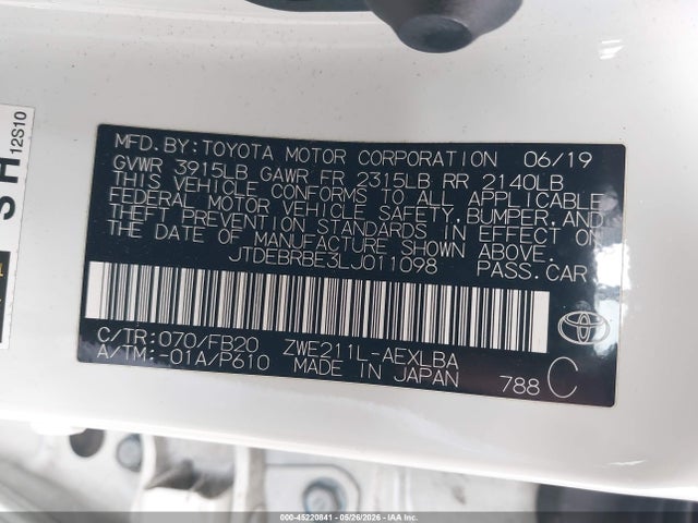 Toyota Corolla Hybrid Le 2020 JTDEBRBE3LJ011098 Image 9