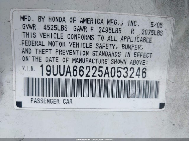 Aukcja sprzedaży 2005 Acura Tl, vin: 19UUA66225A053246, numer aukcji: 45220843