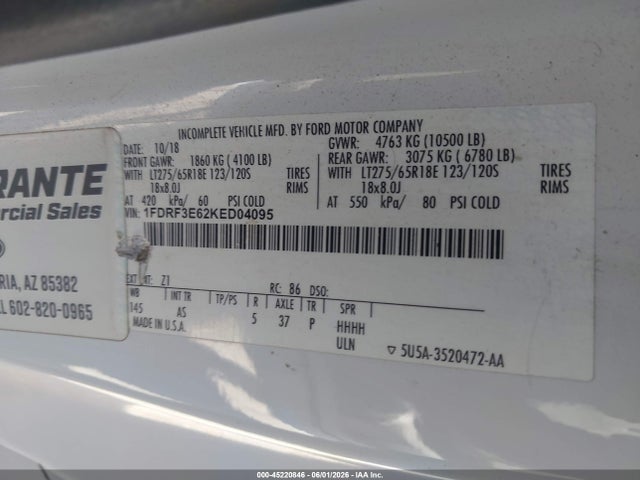 45220846 :رقم المزاد ، 1FDRF3E62KED04095 vin ، 2019 Ford F-350 Chassis Xl مزاد بيع