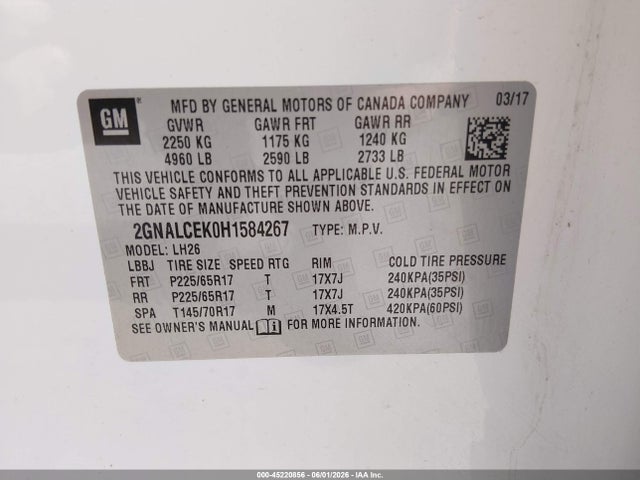 Продаж на аукціоні авто 2017 Chevrolet Equinox Lt, vin: 2GNALCEK0H1584267, номер лоту: 45220856