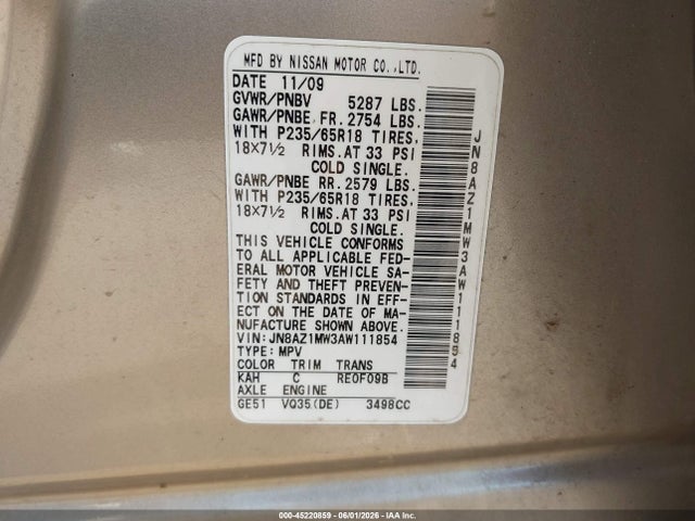 2010 Nissan Murano Sl მანქანა იყიდება აუქციონზე, vin: JN8AZ1MW3AW111854, აუქციონის ნომერი: 45220859