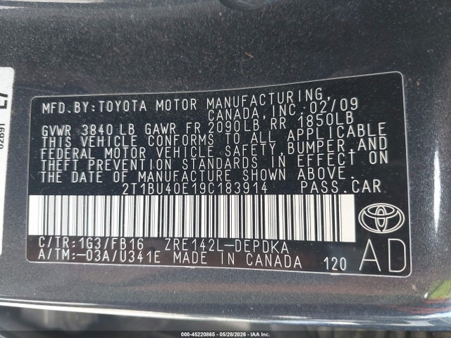 Продаж на аукціоні авто 2009 Toyota Corolla Le, vin: 2T1BU40E19C183914, номер лоту: 45220865
