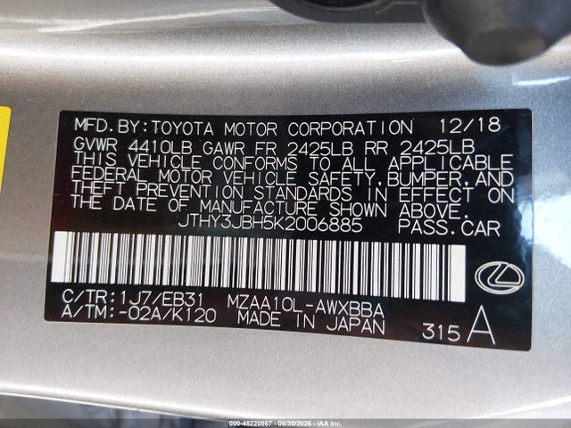 Aukcja sprzedaży 2019 Lexus Ux 200 F Sport, vin: JTHY3JBH5K2006885, numer aukcji: 45220867