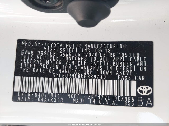 Aukcja sprzedaży 2019 Toyota Corolla Le, vin: 5YFBURHE8KP889740, numer aukcji: 45220876
