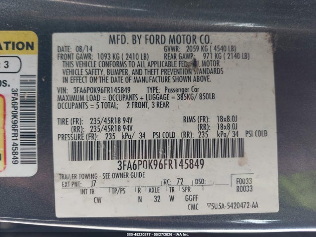 2015 Ford Fusion Titanium მანქანა იყიდება აუქციონზე, vin: 3FA6P0K96FR145849, აუქციონის ნომერი: 45220877