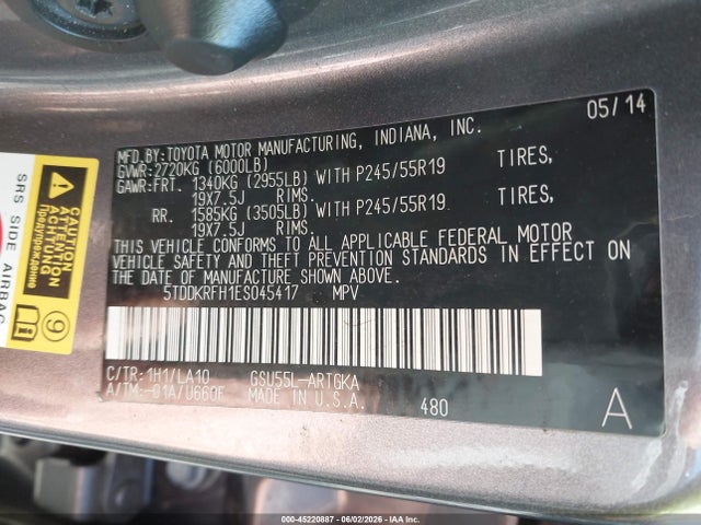 2014 Toyota Highlander Limited Platinum V6 მანქანა იყიდება აუქციონზე, vin: 5TDDKRFH1ES045417, აუქციონის ნომერი: 45220887