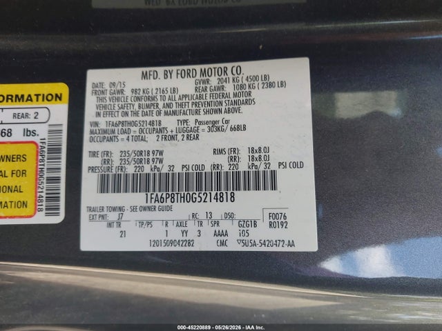 45220889 :رقم المزاد ، 1FA6P8TH0G5214818 vin ، 2016 Ford Mustang Ecoboost مزاد بيع