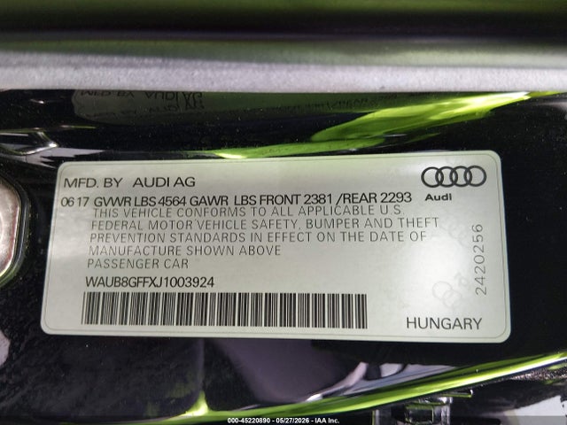 Aukcja sprzedaży 2018 Audi A3 2.0t Premium/2.0t Tech Premium, vin: WAUB8GFFXJ1003924, numer aukcji: 45220890