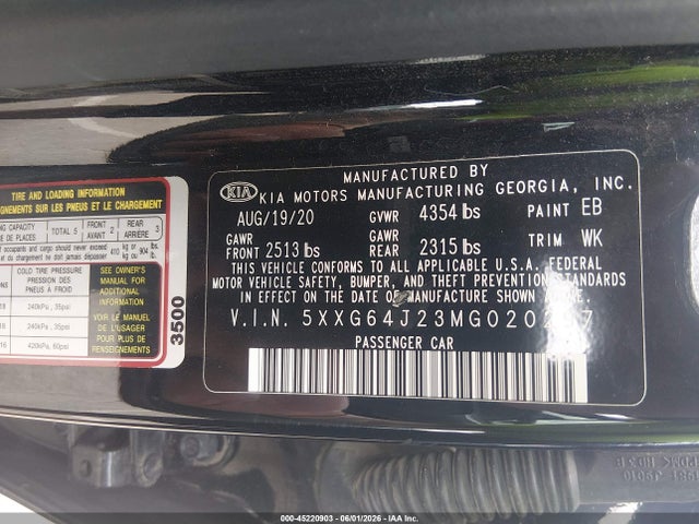 Aukcja sprzedaży 2021 Kia K5 Gt-line, vin: 5XXG64J23MG020297, numer aukcji: 45220903