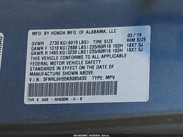 45220905 :رقم المزاد ، 5FNRL6H55KB085455 vin ، 2019 Honda Odyssey Ex مزاد بيع