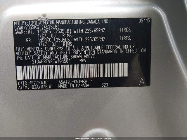 Продаж на аукціоні авто 2015 Toyota Rav4 Xle, vin: 2T3WFREV8FW191561, номер лоту: 45220908