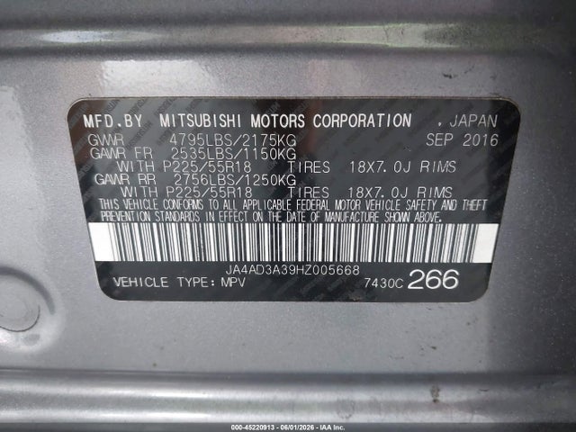 45220913 :رقم المزاد ، JA4AD3A39HZ005668 vin ، 2017 Mitsubishi Outlander Se/sel مزاد بيع