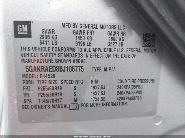 45220914 :رقم المزاد ، 5GAKRAED8BJ106775 vin ، 2011 Buick Enclave Cx مزاد بيع