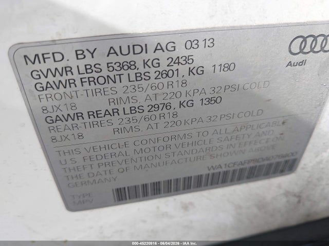 2013 Audi Q5 2.0t Premium მანქანა იყიდება აუქციონზე, vin: WA1CFAFP9DA076400, აუქციონის ნომერი: 45220916