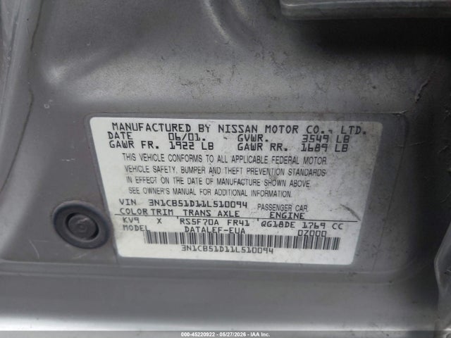 Продаж на аукціоні авто 2001 Nissan Sentra Gxe, vin: 3N1CB51D11L510094, номер лоту: 45220922