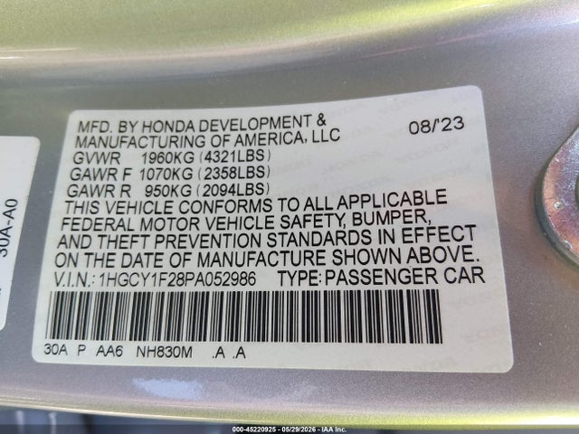 Aukcja sprzedaży 2023 Honda Accord Lx, vin: 1HGCY1F28PA052986, numer aukcji: 45220925