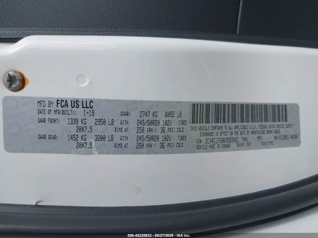 45220933 :رقم المزاد ، 2C4RC1FG8KR583421 vin ، 2019 Chrysler Pacifica Touring Plus مزاد بيع