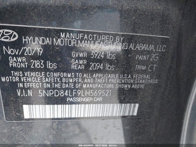 Aukcja sprzedaży 2020 Hyundai Elantra Sel, vin: 5NPD84LF9LH569521, numer aukcji: 45220955