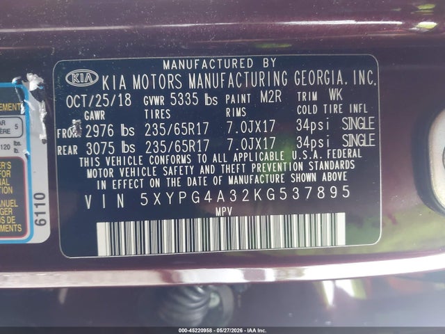 Aukcja sprzedaży 2019 Kia Sorento 2.4l Lx, vin: 5XYPG4A32KG537895, numer aukcji: 45220958