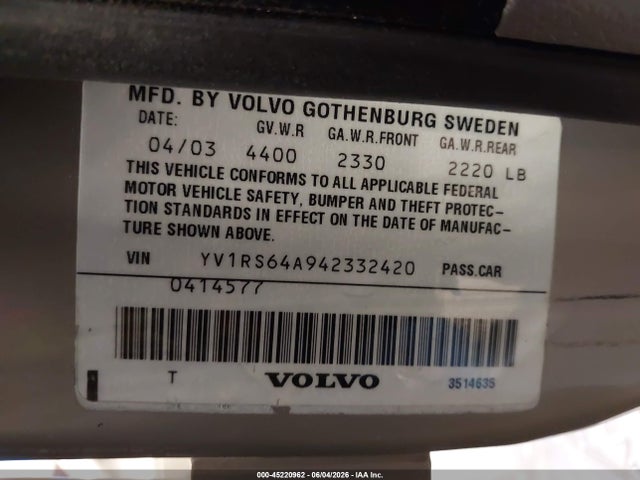 Aukcja sprzedaży 2004 Volvo S60 2.4, vin: YV1RS64A942332420, numer aukcji: 45220962