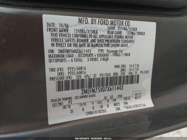 Auction sale of the 2007 Mercury Grand Marquis Ls, vin: 2MEFM75V07X611443, lot number: 45220970