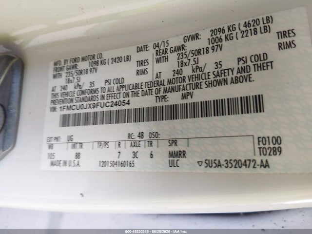 45220985 :رقم المزاد ، 1FMCU0JX9FUC24054 vin ، 2015 Ford Escape Titanium مزاد بيع