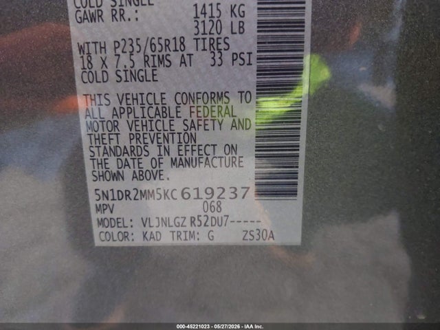 5N1DR2MM5KC619237 Nissan Pathfinder Sl