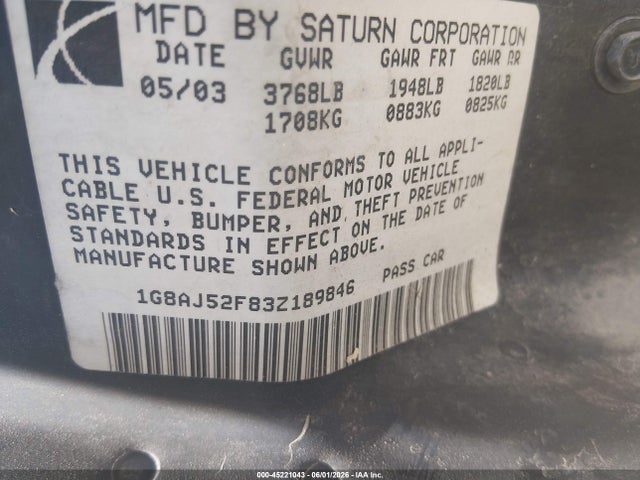 45221043 :رقم المزاد ، 1G8AJ52F83Z189846 vin ، 2003 Saturn Ion 2 مزاد بيع