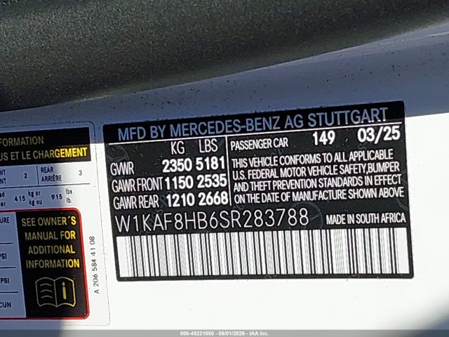 Продаж на аукціоні авто 2025 Mercedes-benz Amg C 43 4matic, vin: W1KAF8HB6SR283788, номер лоту: 45221050